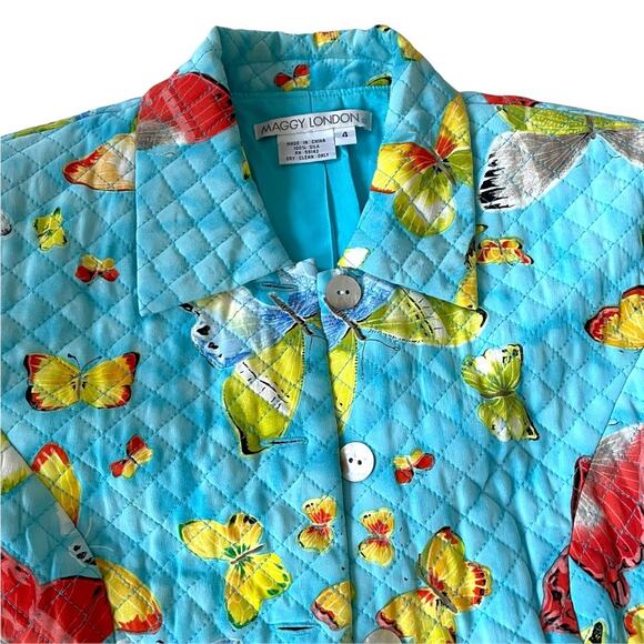 Maggy London Quilted Butterfly Jacket Silk Lined Aqua Button Vintage 1990s 4 EUC - Picture 9 of 14